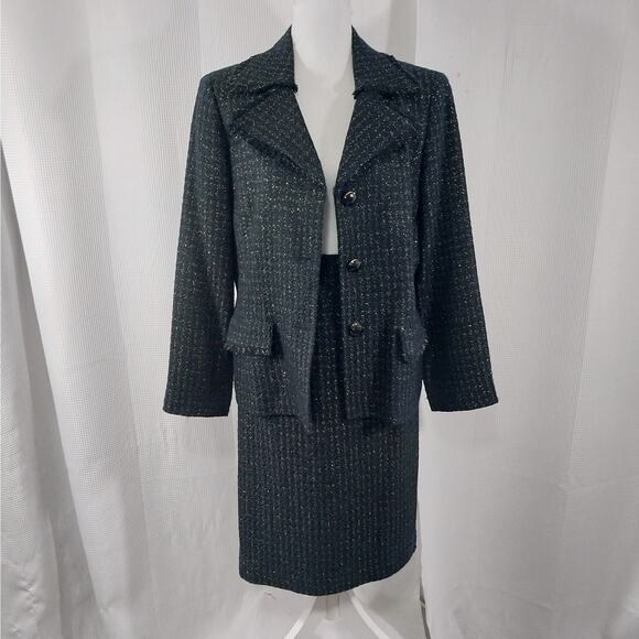 NWOT! KASPER! BLACK & SILVER METALLIC PLAID NUBBY FINISH SKIRT SUIT SET! SZ 14 - Picture 3 of 13